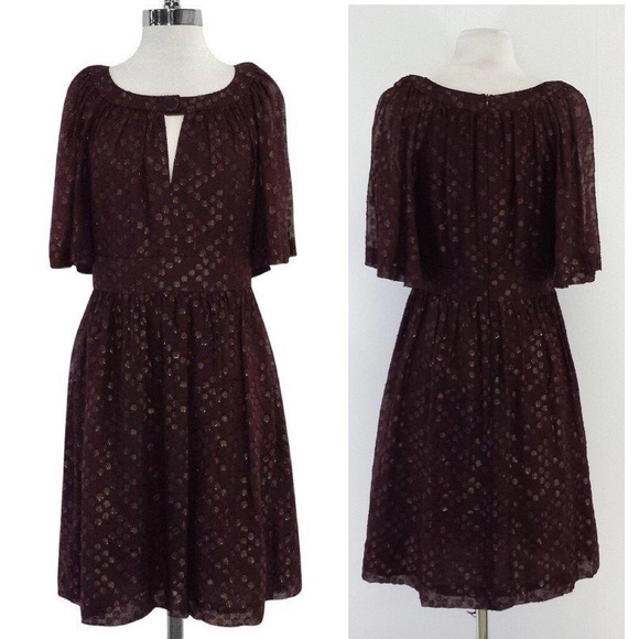 Trina Turk Maroon Metallic Polka Dot Spotted Flutter Silk Women Mini Dress 8 - Picture 1 of 13